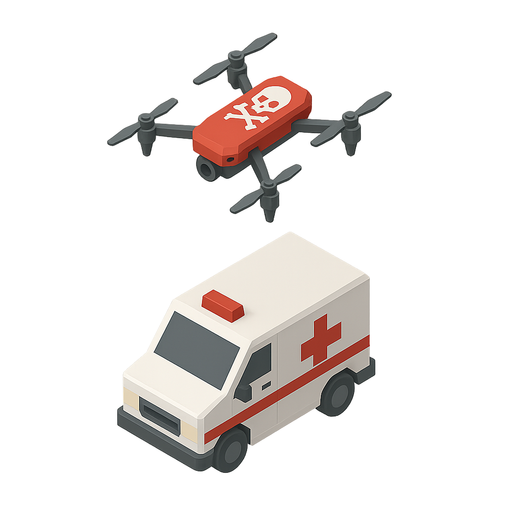 An illustration of a drone hovering over an ambulance.