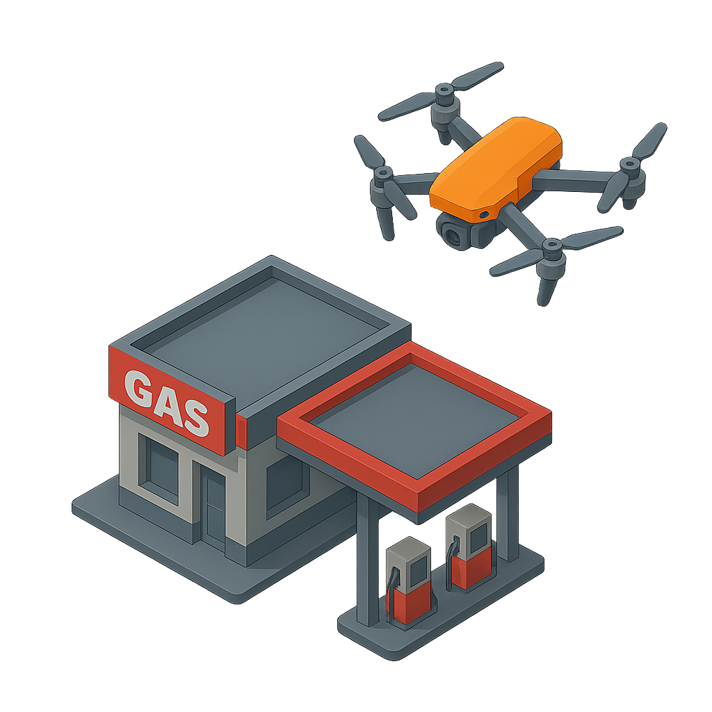 An illustration of a drone hovering over a gas station