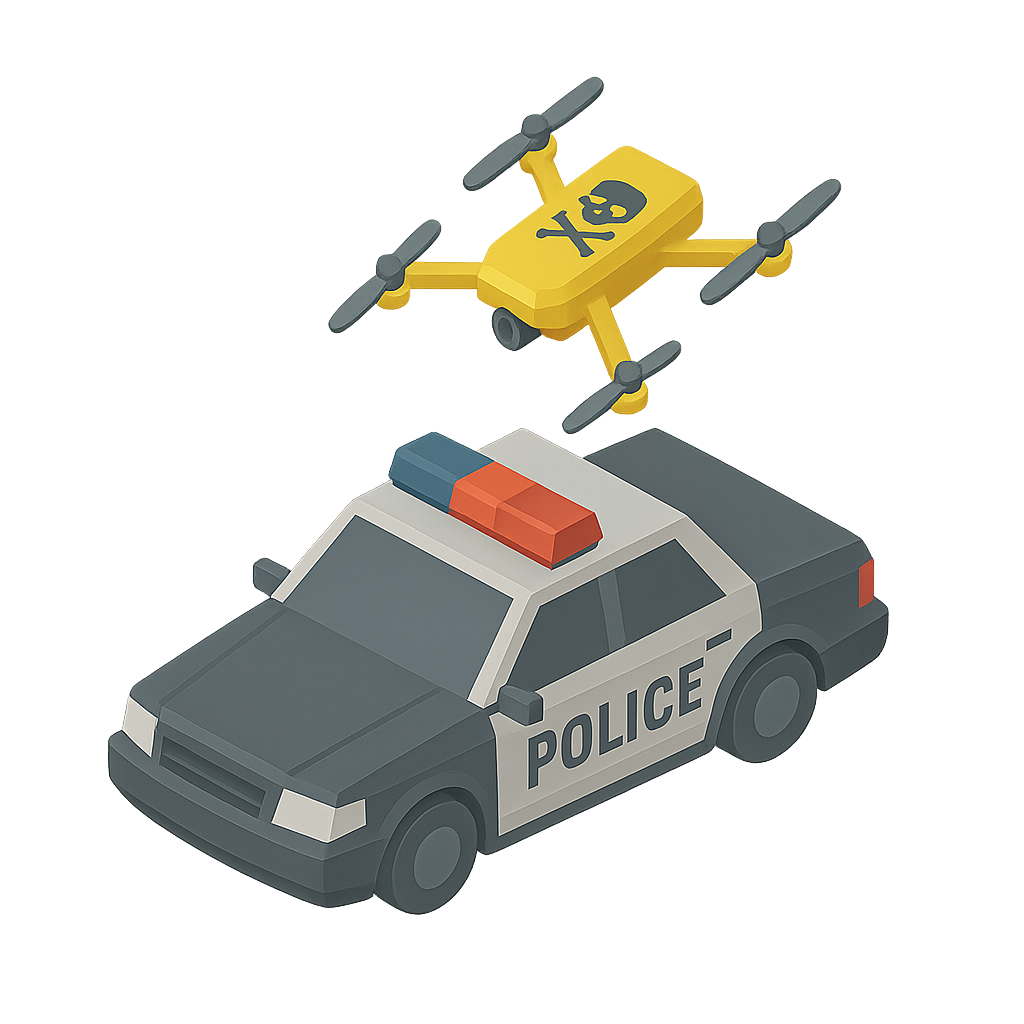 An illustration of a drone hovering over a police car.